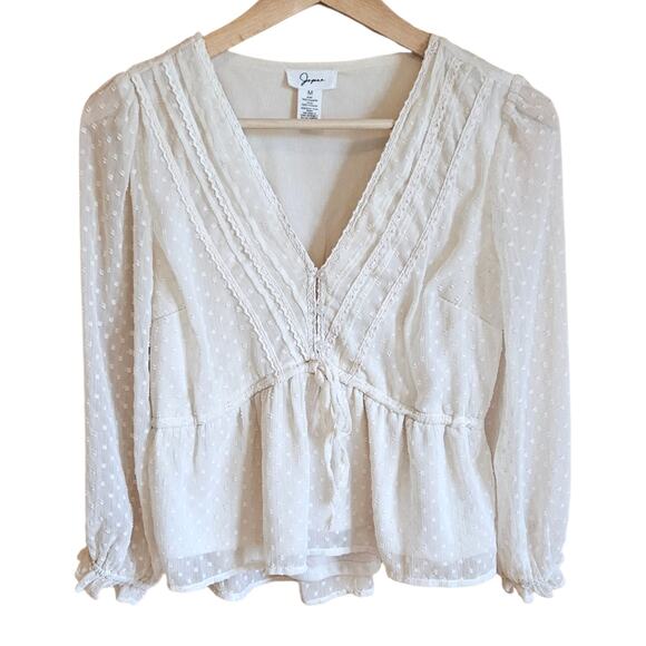 Japna Tops - Japna Medium Cream Ivory Swiss Dot Crochet Lace Peplum Long Sleeve Blouse
